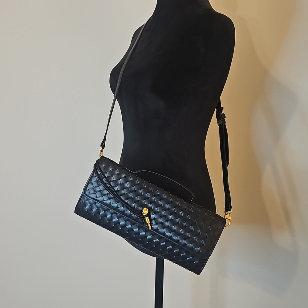 Woven Leather Clutch Bag in Black with Gold Accent - Picture 7 of 11